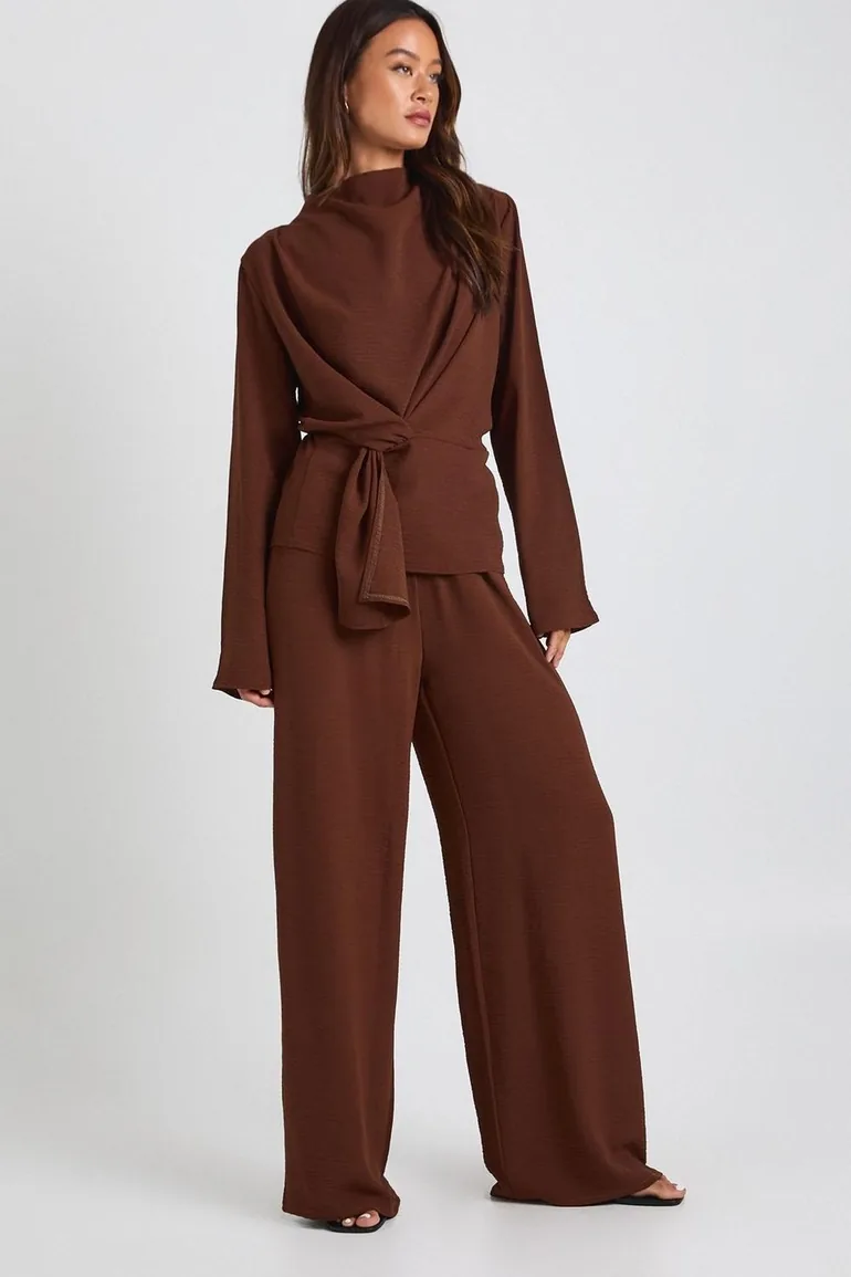 Tall Woven Drape Long Sleeve Blouse & Trouser Co-Ord - chocolate - 2