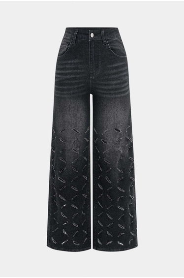 Ripped Cut Out Button Pocket Wide Leg Jeans