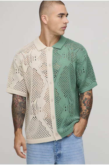 Relaxed Fit Open Stitch Crochet Knitted Shirt - green
