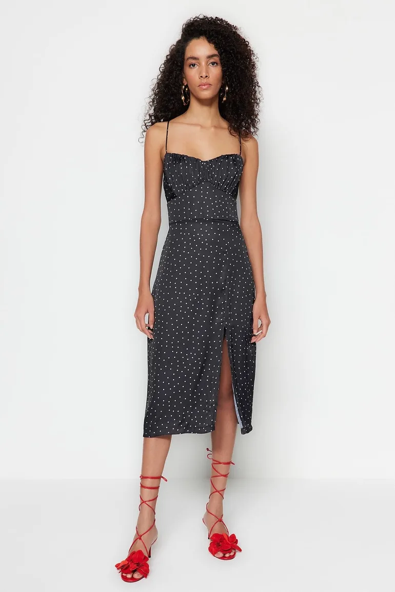Shop Black Polka Column Midaxi Slip Dress Online in Bahrain Shop Black Polka Column Midaxi Slip Dress Online in Bahrain