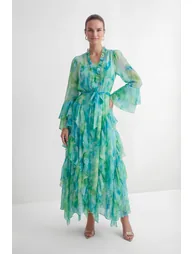 فستان سانفير شيفون متعدد الالوان بأكمام طويلة