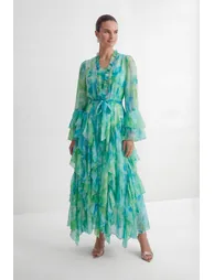 فستان سانفير شيفون متعدد الالوان بأكمام طويلة - 4