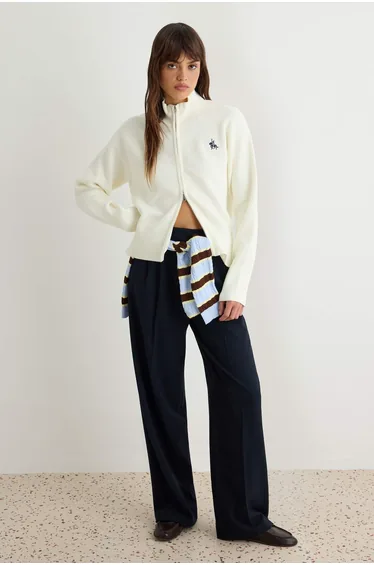 Ecru Horse Embroidery Detailed Zippered Knitwear Cardigan