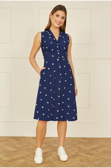 Yumi Navy Daisy Print Sleeveless Shirt Dress