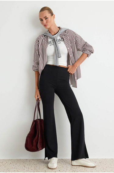 Black With Slits in the Sides, Flare/Flare-Flare High Waist Knitted Trousers