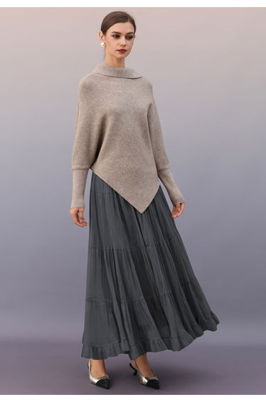 Reversible Gathered Pleats Tiered Tulle Maxi Skirt in Smoke