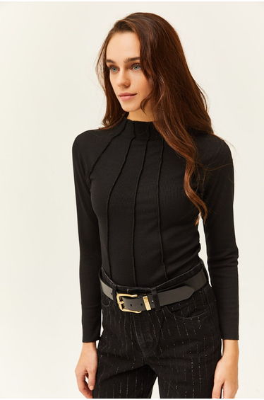 Women's Black Pieced High Neck Lycra Crop Blouse