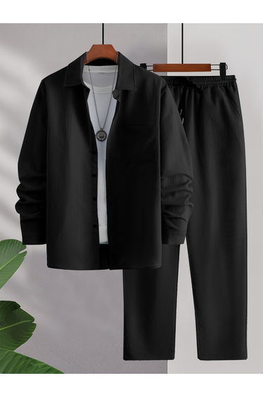 Men Black Textured Shirt and Pants Co-Ords