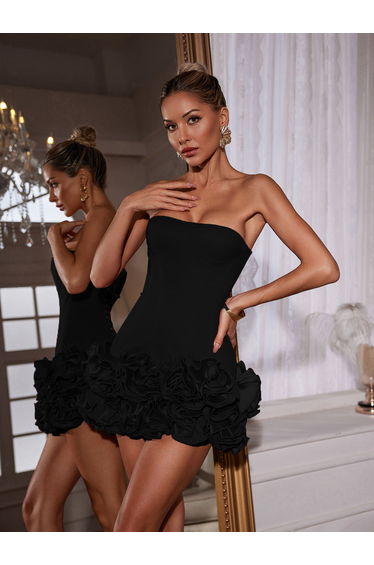 Birtin Strapless Flower Mini Dress In Black
