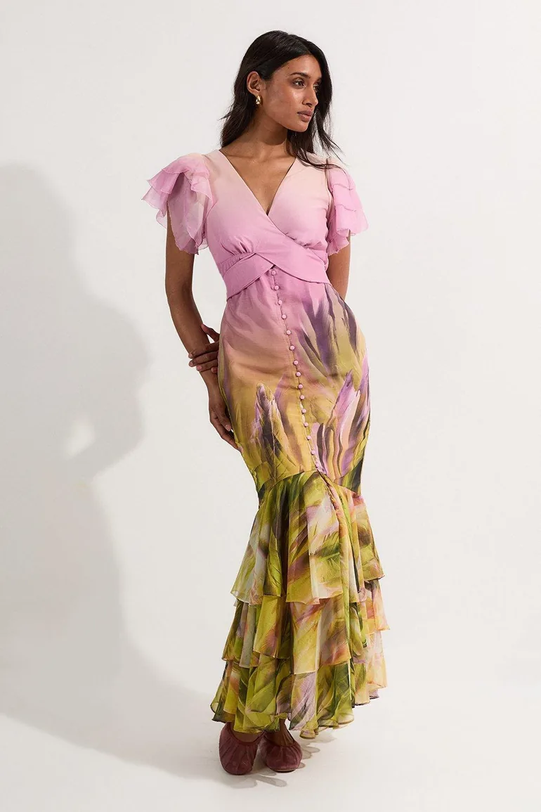 chinese dress ladies Karen Millen Mirrored Floral Print Pleated Woven Sleeveless Maxi Dress