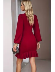 Red Flywheel Detail Knitted Short Dress - 3