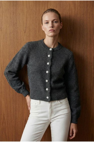 Anthracite Soft Textured Knitwear Cardigan with Jeweled Buttons