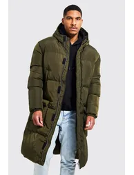 Tall 4 Pocket Longline Hooded Puffer - khaki