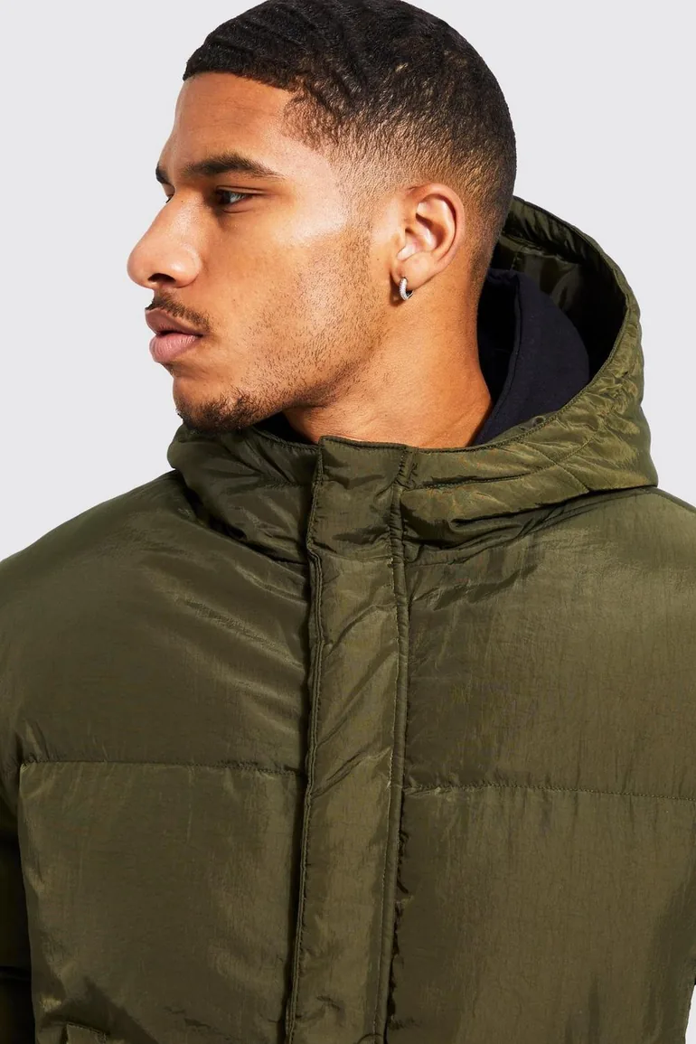 Tall 4 Pocket Longline Hooded Puffer - khaki - 2