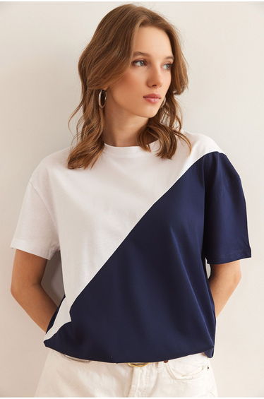 Women's White Navy Blue Asymmetrical Block T-Shirt