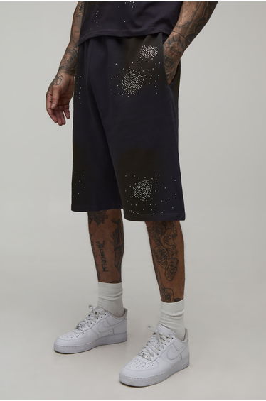 Tall Oversized Washed Rhinestone Jersey Shorts - charcoal