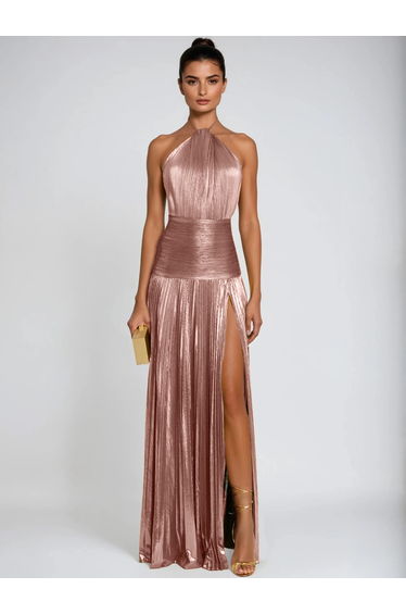 Syriona Halterneck Split Pleated Metallic Maxi Dress In Pink