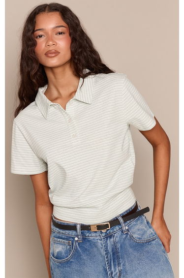 Sage Green Striped Collared Fitted T-Shirt