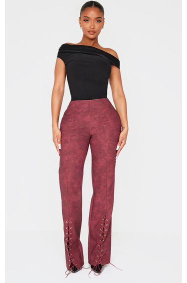 Shape Burgundy Faux Leather Lace Up Flare Trousers