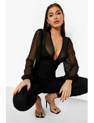 Ruched Mesh Balloon Sleeve Jumpsuit - black - 2