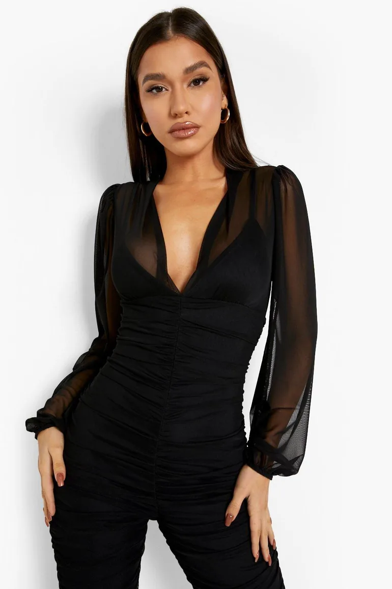Ruched Mesh Balloon Sleeve Jumpsuit - black - 3