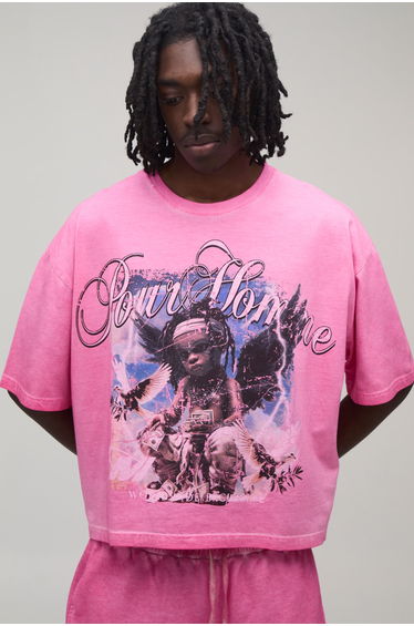 Washed Bright Oversized Boxy Graphic Print T-shirt - pink