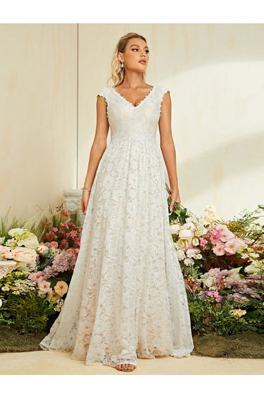 Leely Women's Elegant V Neck Cap Sleeve Lace A-Line Wendding Dress