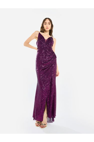 Women Sequin Strappy Drape Maxi Dress