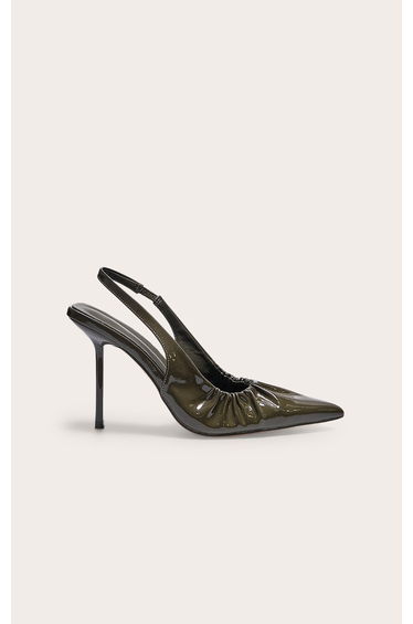 Olive Crinkle PU Point Toe Gathered High Stiletto Sling Back Court Heels