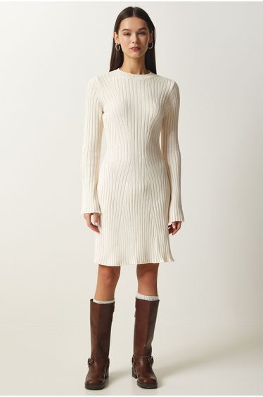 Women's Cream Ribbed A-Line Knitwear Dress
