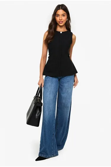 Textured Gold Button Cinched Waist Sleeveless Waistcoat - black