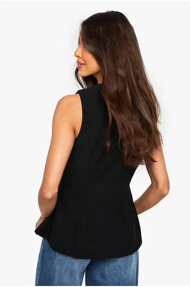 Textured Gold Button Cinched Waist Sleeveless Waistcoat - black