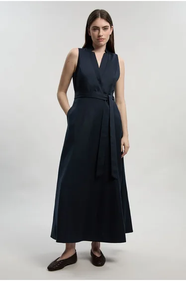 Tailored Linen Wrap Tie Waisted Maxi Dress