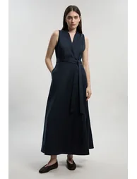 فستان ماكسي كتان بربطة خصر بتصميم لف