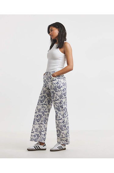 Blue Floral Printed Denim Wide Leg Jeans