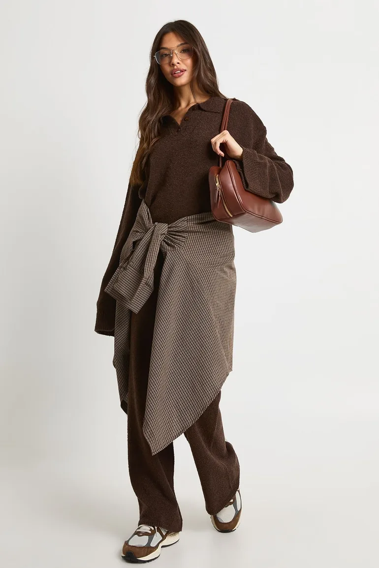 Collared Button Down Oversized Knitted Jumper And Straight Leg Trouser Co-Ord - chocolate