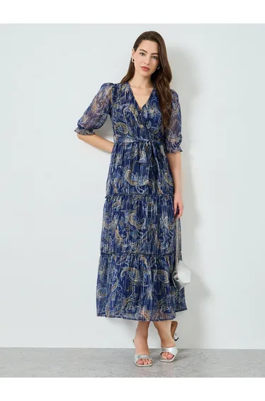 Women Lurex Chiffon Floral Print Maxi Dress