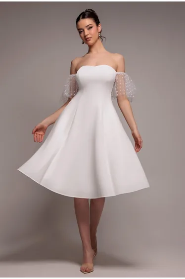 Scuba & Polka Mesh Off The Shoulder Midi Dress - White by Goddiva