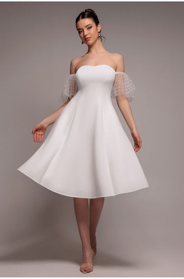 Scuba & Polka Mesh Off The Shoulder Midi Dress - White by Goddiva