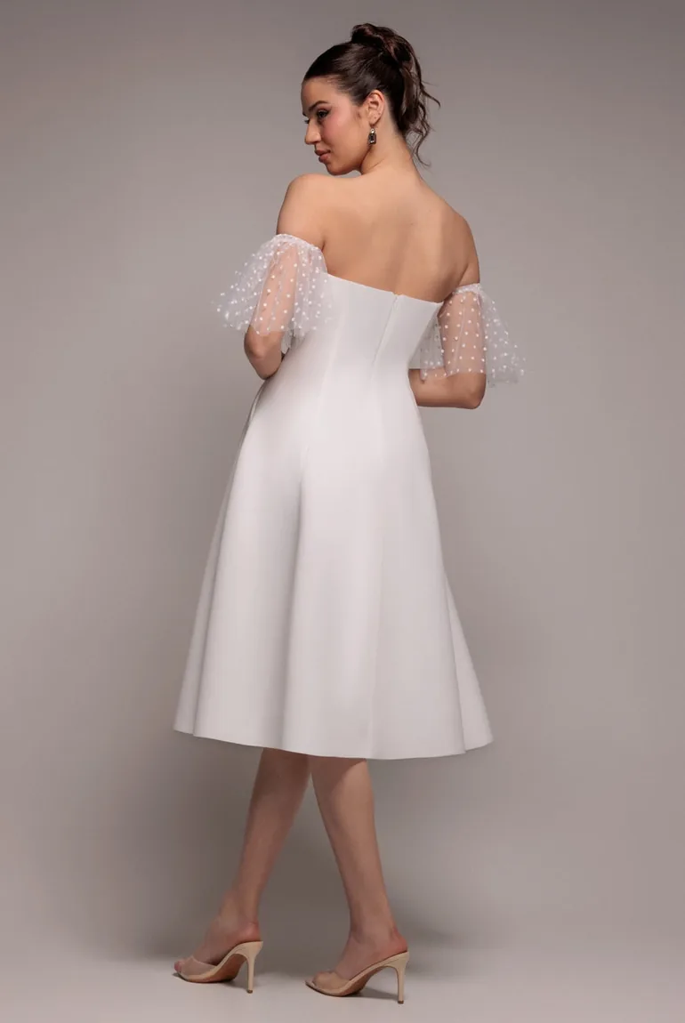 Scuba & Polka Mesh Off The Shoulder Midi Dress - White by Goddiva - 1