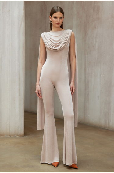 Clarisse Neutral Dropped Design Velvet Jumpsuit