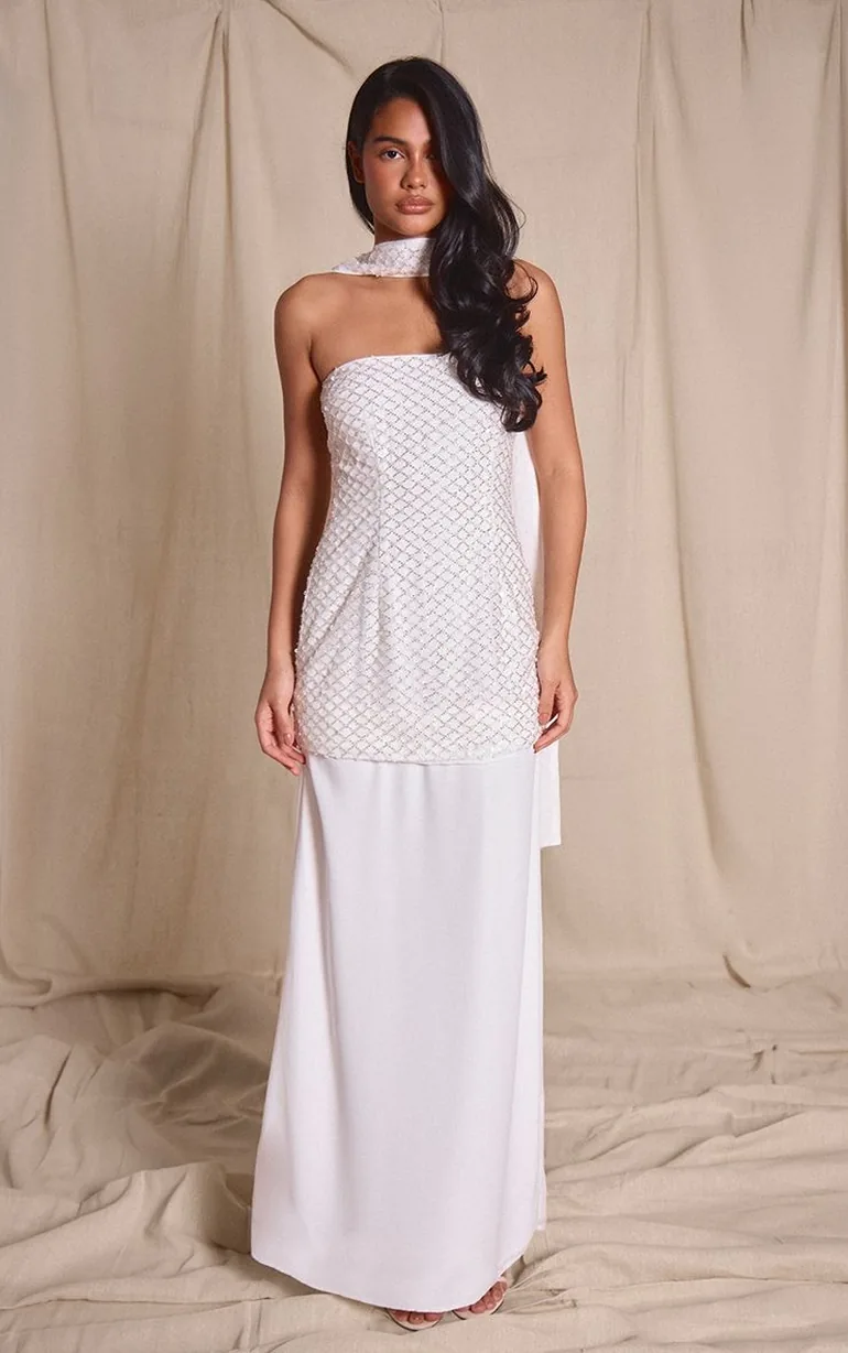 chiffon embellished maxi dress Lesley Green Embellished Draped Chiffon Maxi Gown, L / Green