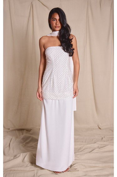 Premium White Embellished Bodice Neck Detail Chiffon Hem Maxi Dress
