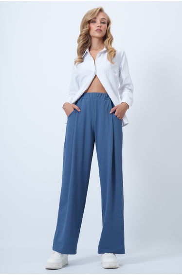 Women's Indigo Pleated Detailed Knitted Palazzo Trousers