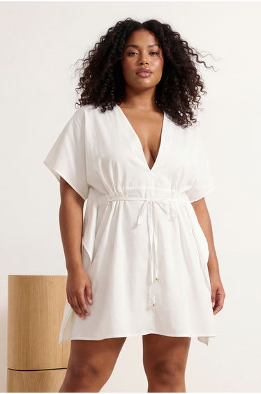 White Side Adjustable Gathered Plus Size Kimono&Kaftan