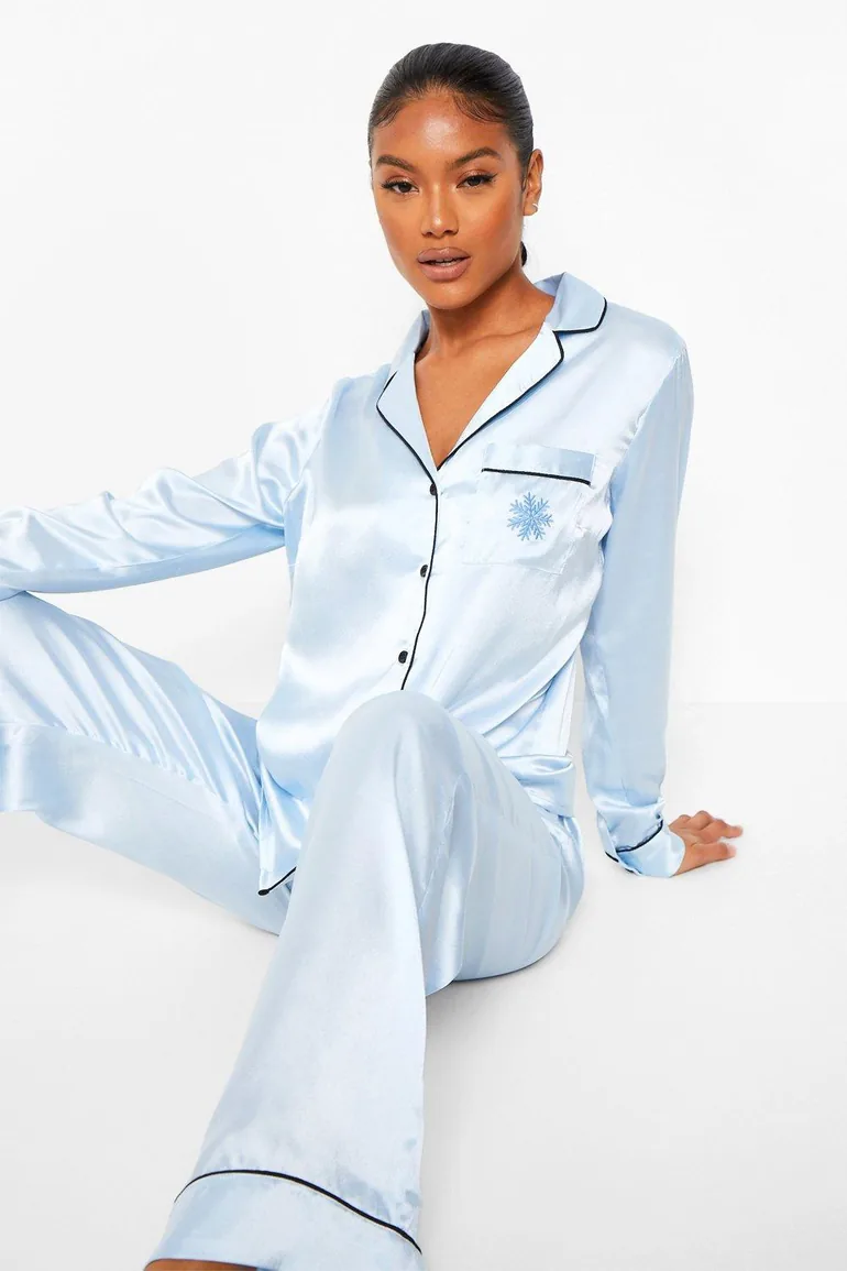 Snowflake Embroidered Satin PJ Set - blue