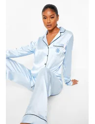 Snowflake Embroidered Satin PJ Set - blue