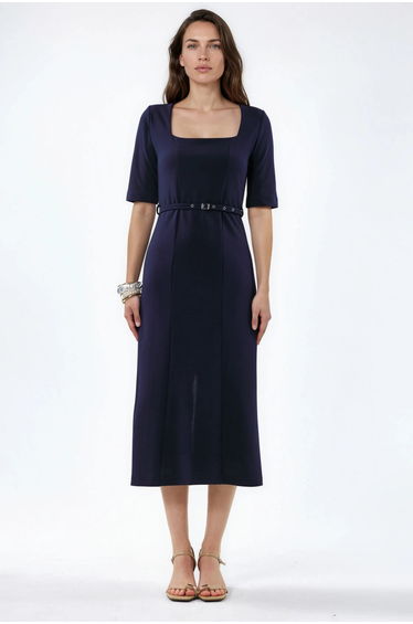 BUSEM Belted Midi Dress with Square Collar