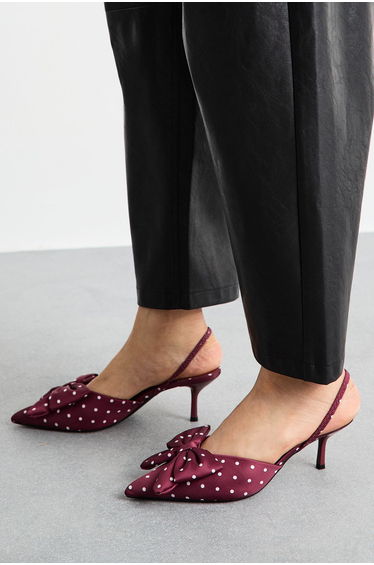 Red Satin Polka Dot Bow Detail Slingback Stiletto Heel Court Shoes