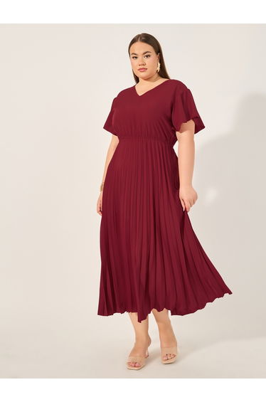 Plus Size Solid Accordion Pleated A-Line Midi Dress